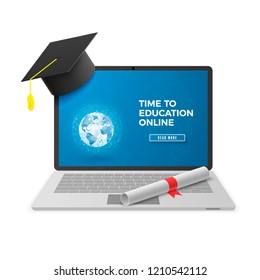 Education Online Concept. Distant learning technology. Notebook with Graduation Hat and Diploma and Education Online Text on Screen. Vector illustration isolated on white background
