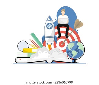 Education online concept, Human typing laptop with open book, Digital marketing illustration.
