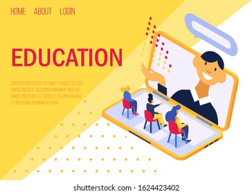 Education online concept, lecture on laptop screen vector illustration internet web landing site page isometric. Positive teacher communicates with studying women listeners remotely.