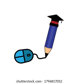 Education online concept, mouse with pencil and graduation icon , line style. Editable stroke. Design template vector