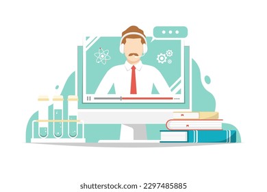 Education online concept, Teacher on computer screen with book, test tube on isolated background, Digital marketing illustration.