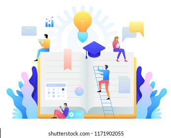 Education online concept technology. E-books, internet courses and graduation process. Vector illustration in flat style.