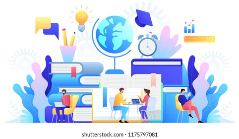 Education online concept technology. E-books, internet courses and graduation process. Vector illustration in flat style.