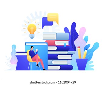 Education online concept technology. E-books, internet courses and graduation process. Vector illustration in flat style.