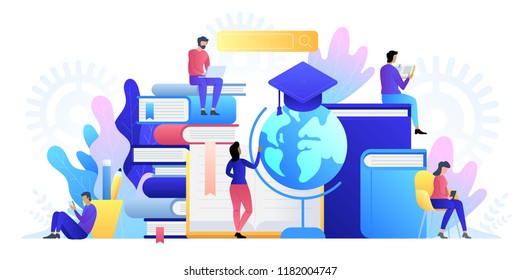 Education online concept technology. E-books, internet courses and graduation process. Vector illustration in flat style.