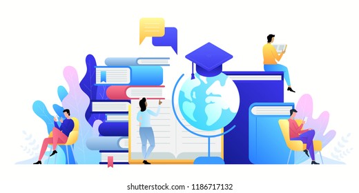 Education online concept technology. E-books, internet courses and graduation process. Vector illustration in flat style.