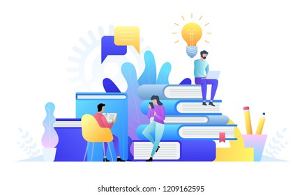 Education online concept technology. E-books, internet courses and graduation process. Vector illustration in flat style.