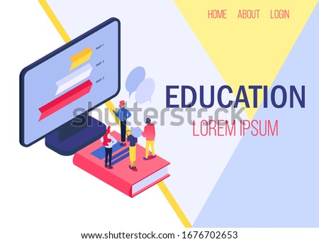 Education online concept vector illustration banner. Studying people, knowledges from computer screen. Learning in school, university with teacher, textbook and distance online. Internet page website.