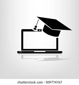 Education online concepts. Laptop with a graduation cap on screen sketch icon. Distance online learning at computer symbol vector illustration eps10. Isolated badge for website or app - stock graphics