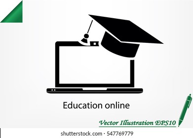 Education online concepts. Laptop with a graduation cap on screen sketch icon. Distance online learning at computer symbol vector illustration eps10. Isolated badge for website or app - stock graphics