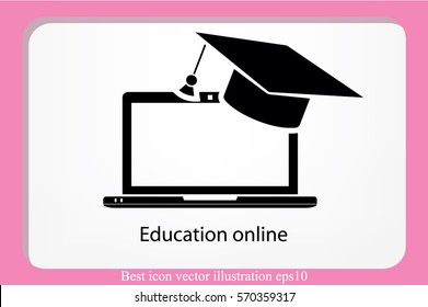 Education online concepts. Laptop with a graduation cap on screen sketch icon. Distance online learning at computer symbol vector illustration eps10. Isolated badge for website or app - stock graphics