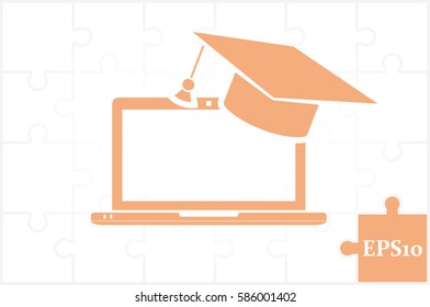 Education online concepts. Laptop with a graduation cap on screen sketch icon. Distance online learning at computer symbol vector illustration eps10. Isolated badge for website or app - stock graphics