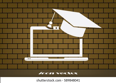 Education online concepts. Laptop with a graduation cap on screen sketch icon. Distance online learning at computer symbol vector illustration eps10. Isolated badge for website or app - stock graphics