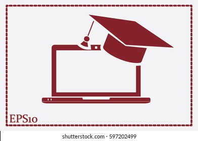 Education online concepts. Laptop with a graduation cap on screen sketch icon. Distance online learning at computer symbol vector illustration eps10. Isolated badge for website or app - stock graphics