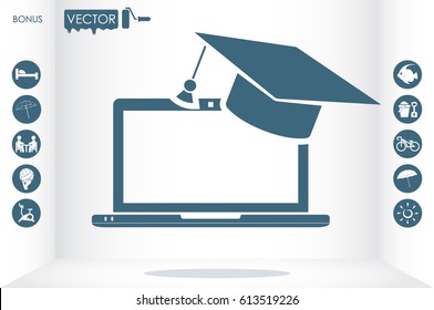 Education online concepts. Laptop with a graduation cap on screen sketch icon. Distance online learning at computer symbol vector illustration eps10. Isolated badge for website or app - stock graphics