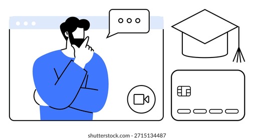 Education, online courses, digital payment, e-learning, finance security, virtual interaction. A man thinking with a speech bubble, graduation cap video icon and credit card. Online courses