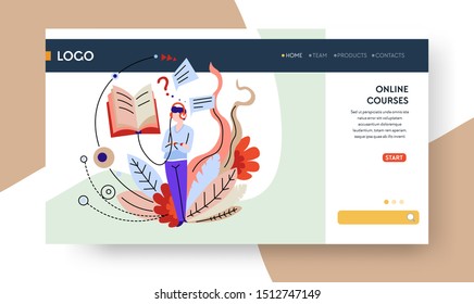 Education and online courses, landing web page template student and audio lesson vector. Headphones and textbook, knowledge, Internet site mockup. Subject learning and exam, Internet classes