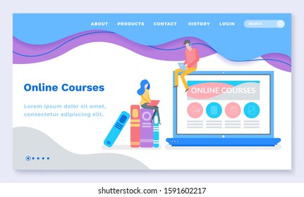 Education and online courses landing web page template, student and laptop vector. Headphones and textbooks, knowledge, Internet site mockup. Subject learning and exam, Internet classes illustration
