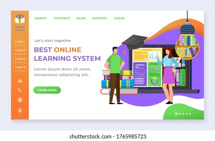 Education and online courses, landing web page template students and Internet library vector. Textbooks pile and laptop, knowledge, Internet site mockup. Subject learning and exam illustration