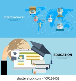 Education and online courses, web tutorials, e-learning. Production, transportation, delivery of cargo. Infographics. Map. Vector illustration