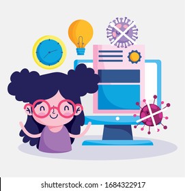education online, cute girl computer diploma, coronavirus pandemic vector illustration