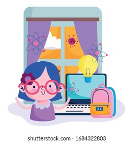 education online, cute girl studying computer in room with backpack, coronavirus pandemic vector illustration