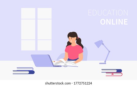 Education online. Elementary school student doing homework. Laptop, books. Vector