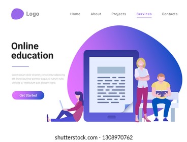 Education Online Flat style vector illustration landing page banner. Student people standing and sitting with devices near tablet with text on display.