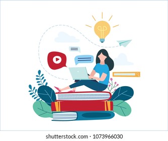 education online illustration vector.
internet studying concept.
small young woman sitting on books and textbooks
and using laptop.
e- learning training.