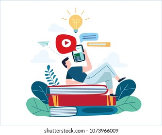 education online illustration vector.internet studying concept.
small young man holding digital tablet and looking relaxed on books and textbooks.
e- learning training.