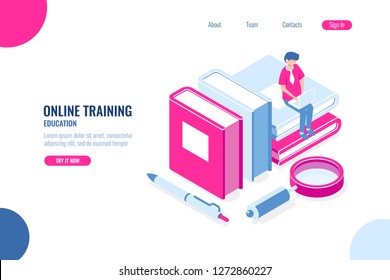 Education online isometric concept, young man with laptop sit on stack of books, training and studying flat vector illustration