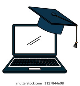 education online with laptop and hat graduation