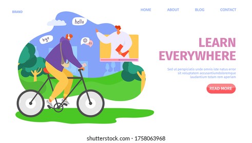 Education online, learn everywhere, vector illustration. Audio lesson in internet school, knowledge about language for student character. Listen course in headphones during bicycle ride.
