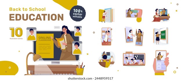 Education online learning back to school illustration set