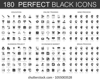 Education, online learning, brain mind process, business project, economics market black classic icon set.