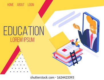 Education online, learning class using mobile phone vector illustration internet web landing site page isometric. Male teacher communicates with studying people listeners remotely.