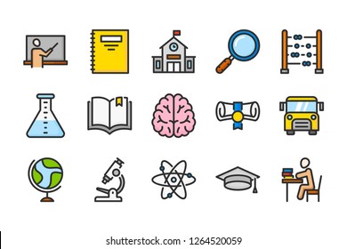 Education And Online Learning Color Line Icons. School And Study Vector Linear Colorful Icon Set. Isolated Icon Collection On White Background.