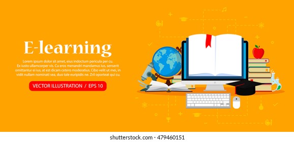 Education and online learning concepts. Online training courses, distance training, e-learning. Web banner, vector illustration flat design