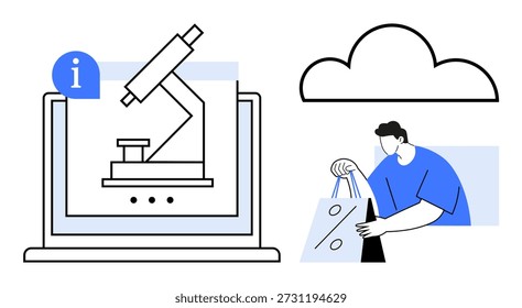 Educación, aprendizaje en línea, comercio electrónico, almacenamiento de datos, investigación científica, computación en la nube. Microscopio en el ordenador portátil, persona de la nube con las bolsas de compras. Conceptos de Educación y comercio electrónico