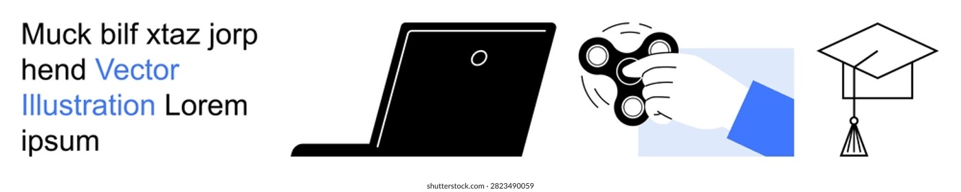 Education, online learning, focus improvement, productivity, relaxation, modern tools. Minimal laptop, hand holding a fidget spinner graduation cap. Education and focus improvement design elements