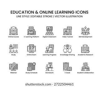 Iconos de Educación y aprendizaje en línea con estilo limpio y moderno. Incluye cursos en línea, e-learning, aula virtual, educación digital, estudio, conocimiento, examen, certificación y conceptos de gestión del aprendizaje. Ideal para plataformas educativas, cursos online, Sitios web, App móviles, dashboards y proyectos académicos profesionales. Iconos vectoriales totalmente editables y escalables.