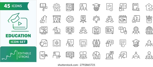 Education online learning line icons set . Collection of line icons representing digital learning, knowledge, and academic concepts