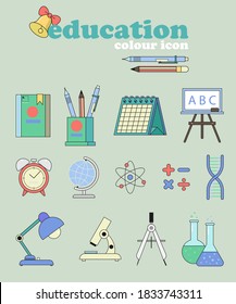 education , online learning the picture have many school object, the wallpaer the object, pencil  clock lamp bell board physic chemistry biology math science plus minute