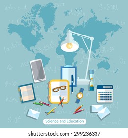 Education online learning student school desk international college school university books formula math algebra geometry vector illustration  