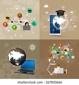 education, online learning and tree of knowledge icons in flat style