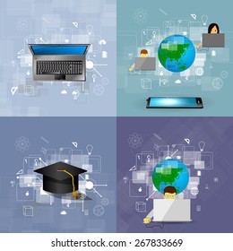 education, online learning and tree of knowledge icons in flat style