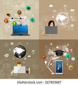 education, online learning and tree of knowledge icons in flat style