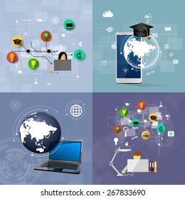 education, online learning and tree of knowledge icons in flat style