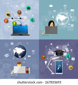 education, online learning and tree of knowledge icons in flat style