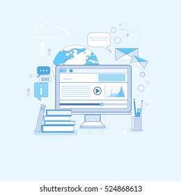 Education Online Learning Web Banner Thin Line Vector Illustration